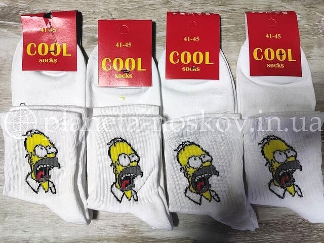 Носки мужские«COOL»,  СРЕДНЕЙ ВЫСОТЫ, с принтом «ГОМЕР», белые.