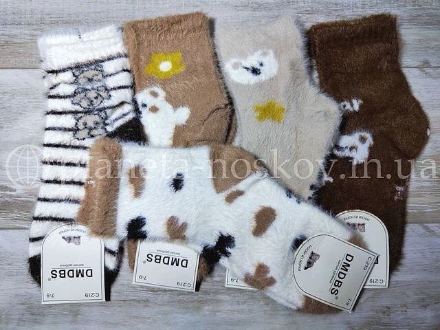 Носки детские из шерсти норки ТМ «DMDBS» с принтами "МИШКИ", в бежевых цветах, C219.