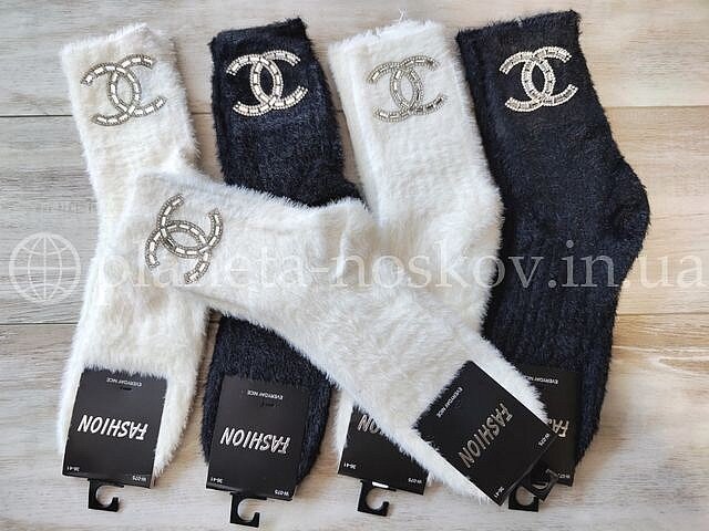 Носки женские из шерсти норки ТМ «FASHION» однотонные, рисунок из стразиков, "ШАНЕЛЬ", W075.