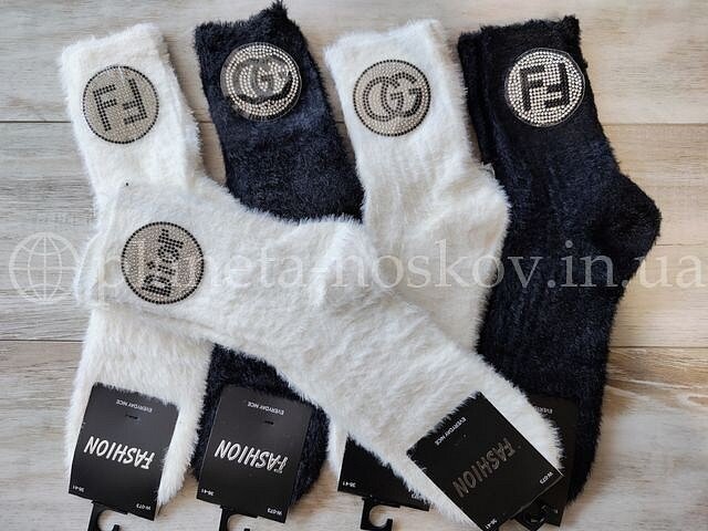 Носки женские из шерсти норки ТМ «FASHION» однотонные, рисунок из стразиков, "БРЕНДЫ", W073.