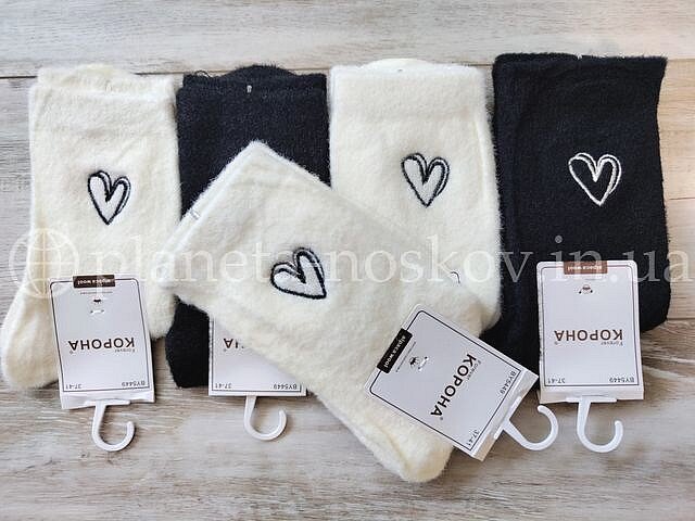 Носки женские из шерсти альпаки ТМ «Корона» без махры, принт "СЕРДЕЧКО", BY5449.