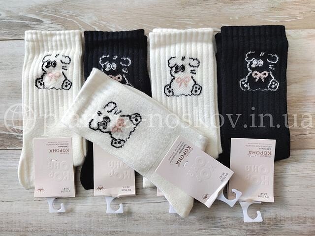 Носки кашемировые женские ТМ «Корона» высокая резинка, принт "МИШКА", BY5508-2.