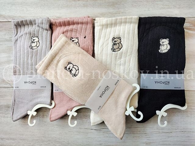Носки кашемировые женские ТМ «Корона» однотонные с высокой резинкой, вышивка "Мишка", BY5458-4.