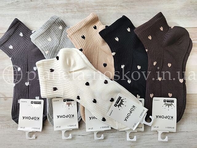 Кашемировые носки женские ТМ «Корона»  без махры, принт "СЕРДЕЧКИ", короткие, BY5455-1.