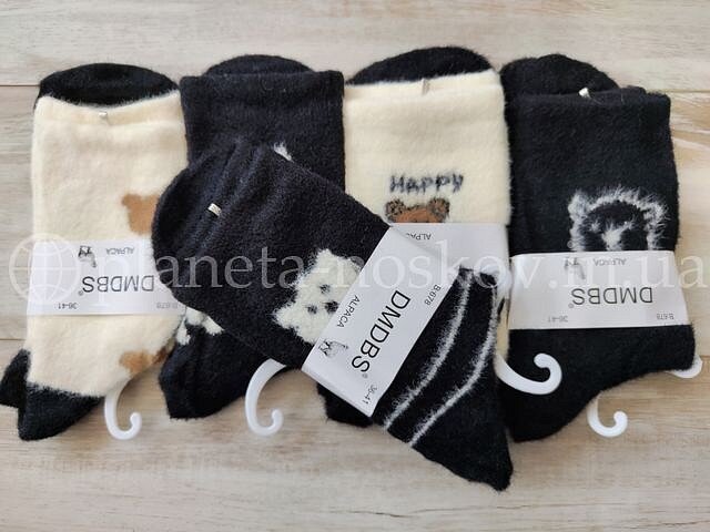 Носки женские из шерсти альпаки ТМ «DMDBS» с принтом "МИШКА" черо-белых цветов, B678.