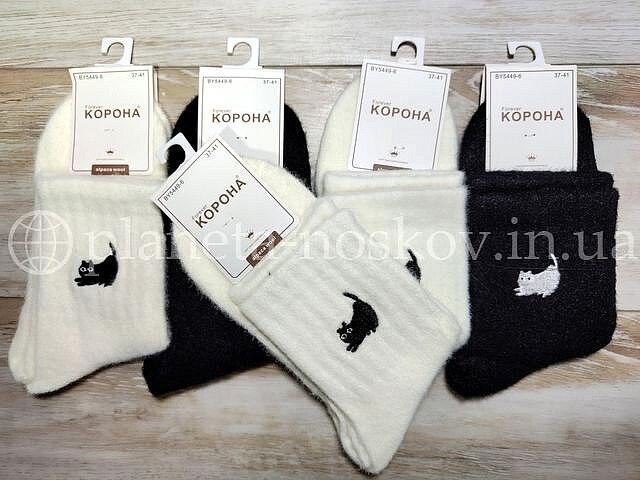 Носки женские из шерсти альпаки ТМ «Корона» средней высоты, принт "Котик", BY5449-6.