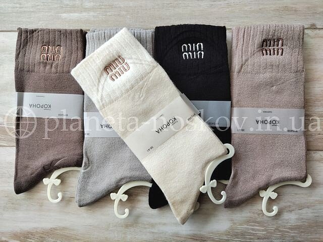 Носки кашемировые женские ТМ «Корона» однотонные с высокой резинкой, вышивка "MIU MIU", BY5458-3.