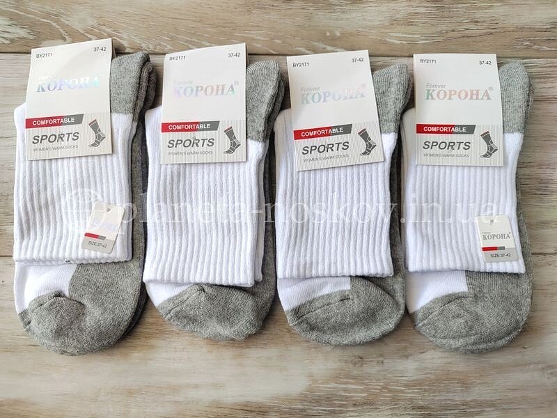 Носки женские демисезонные ТМ «КОРОНА» средней высоты, белые с серой стопой, "МАХРОВЫЙ СЛЕД", BY2171-3.