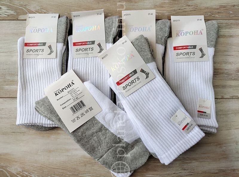 Носки женские демисезонные ТМ «КОРОНА» с высокой теннисной резинкой, белые с серой стопой, "МАХРОВЫЙ СЛЕД", BY2171-4.