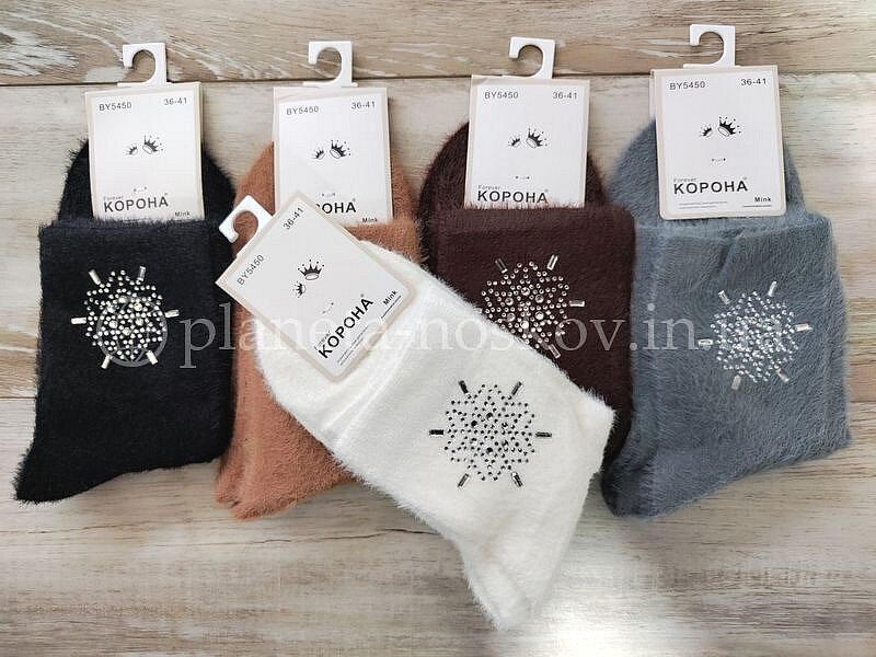 Носки из шерсти норки женские ТМ «КОРОНА» со стразами, с принтом "СНЕЖИНКИ", ассорти, BY5450.