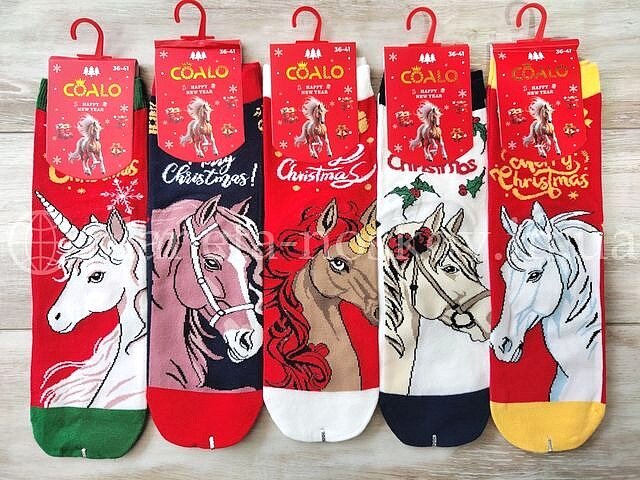 Женские новогодние носки ТМ «Coalo» из качественного хлопка, принты "Лошадки и единороги", BM6328.