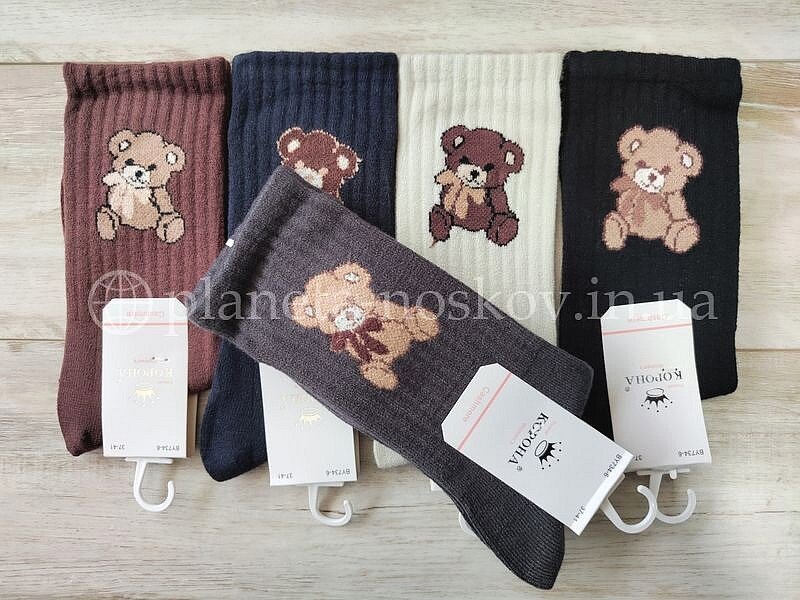 Кашемировые носки женские ТМ «Корона» без махры, с принтом "МИШКА", BY734-6.