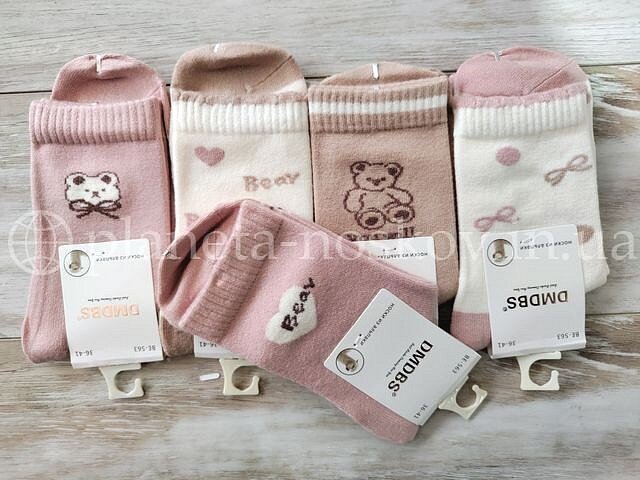 Носки кашемировые женские ТМ «DMDBS» бежево-розовые тона, принт "Мишки и бантики", BE563.