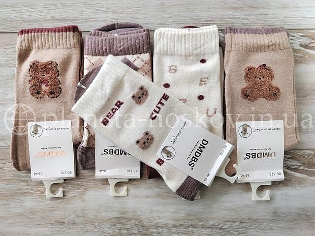 Носки кашемировые женские ТМ «DMDBS» бежево-молочные тона, принт "Bear", BE576.