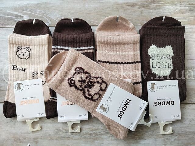 Носки кашемировые женские ТМ «DMDBS» бежевые тона, принт "Bear Love", BE577.