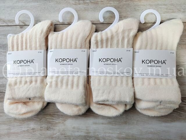 Носки женские ТМ «Корона» из шерсти альпаки, без махры, "Рубчик", молочные, B2637.