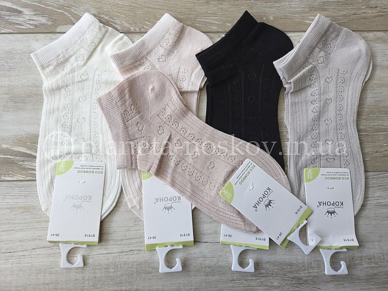 Носки женские бамбуковые ТМ "КОРОНА" короткие супер тонкие, узор "Сердечки", BY816-3.