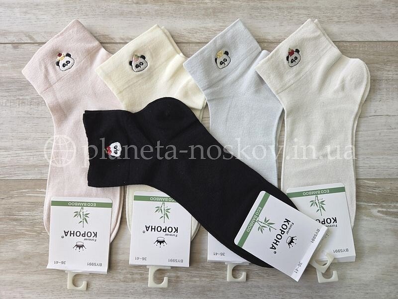 Носки женские бамбуковые ТМ "КОРОНА" короткие супер тонкие, вышитый принт "ПАНДА" на резинке, BY5991-3.