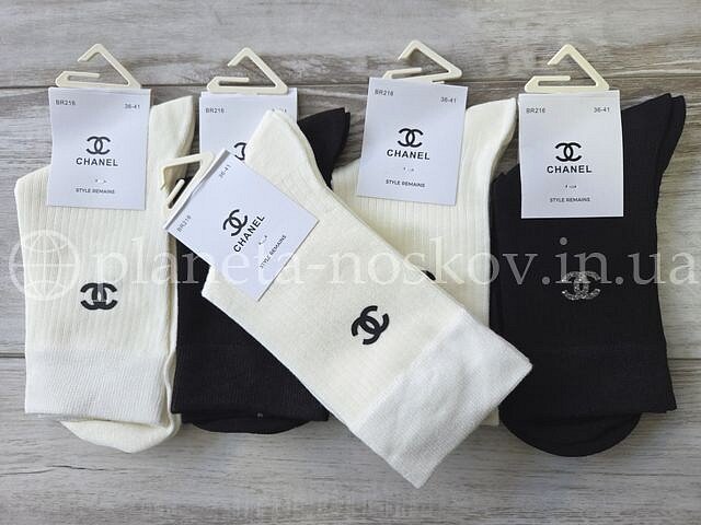 Носки женские хлопковые ТМ «CHANEL» высокие в мелкий рубчик, принт логотипа возле резинки, BR216.