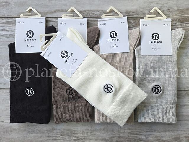 Носки женские хлопковые ТМ «LULULEMON» высокие в мелкий рубчик, принт логотипа возле резинки, ассорти, BR223.