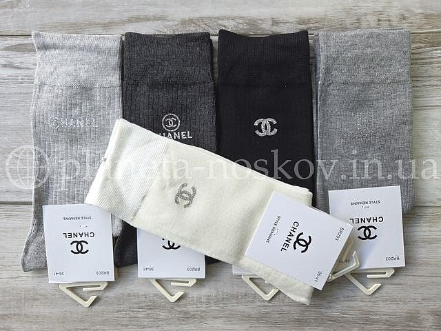 Носки женские хлопковые ТМ «CHANEL» высокие в мелкий рубчик, принт логотипа возле резинки, ассорти, BR203.